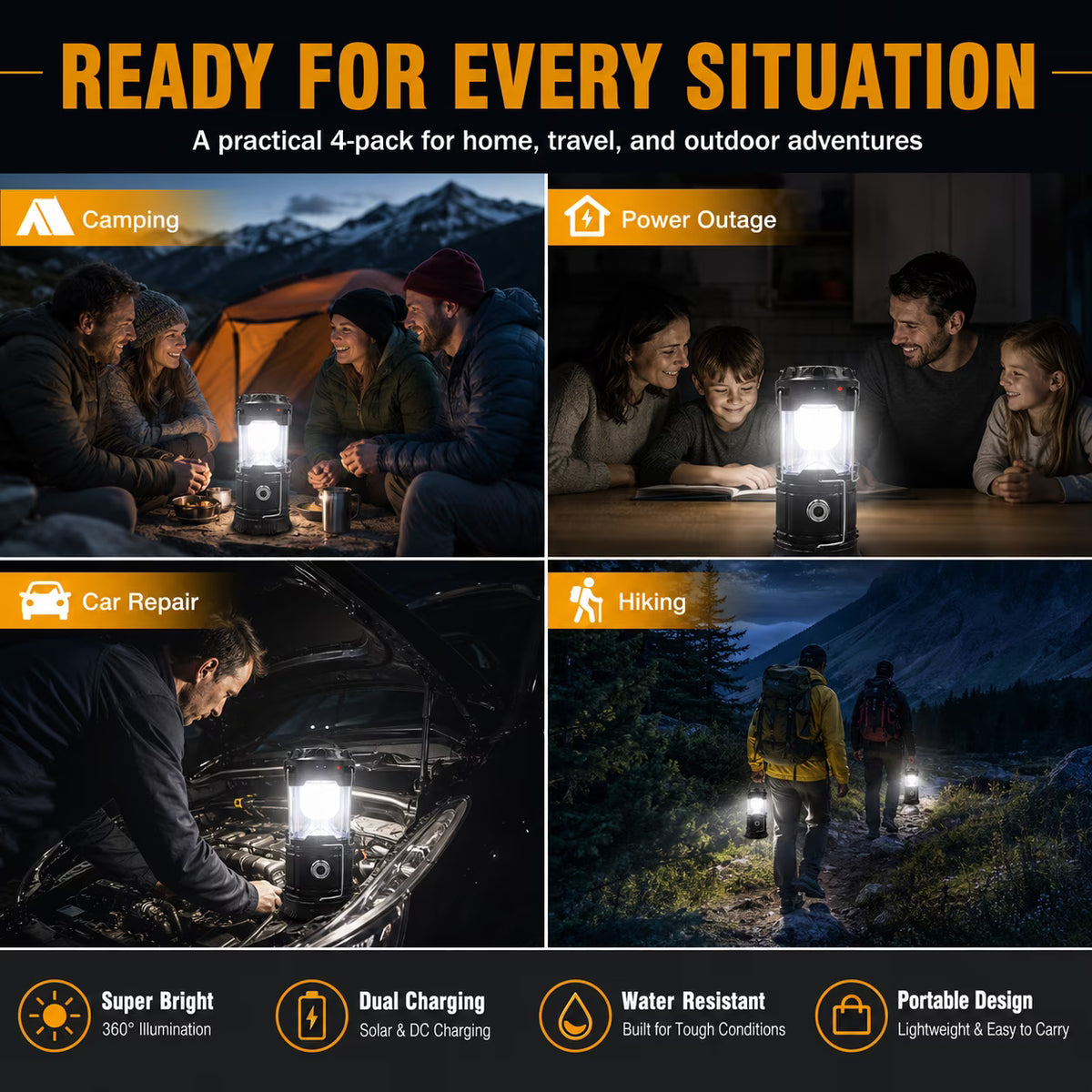 2-in-1 Solar & USB Rechargeable LED Lantern – Portable Light for Camping & Power Outages (4-Pack)