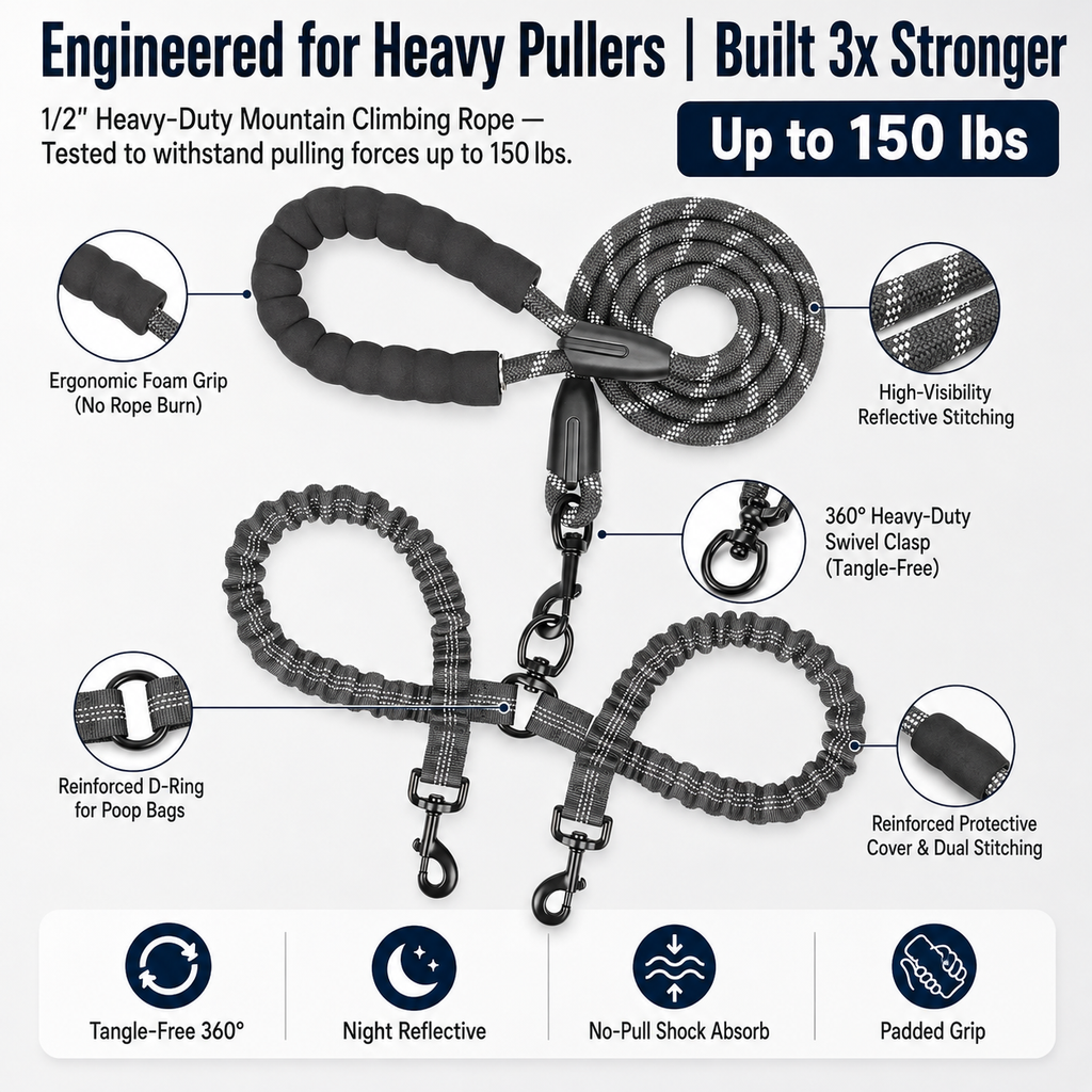 Dual Dog Leash No-Pull System – 360° Swivel Double Leash with Padded Comfort Handle