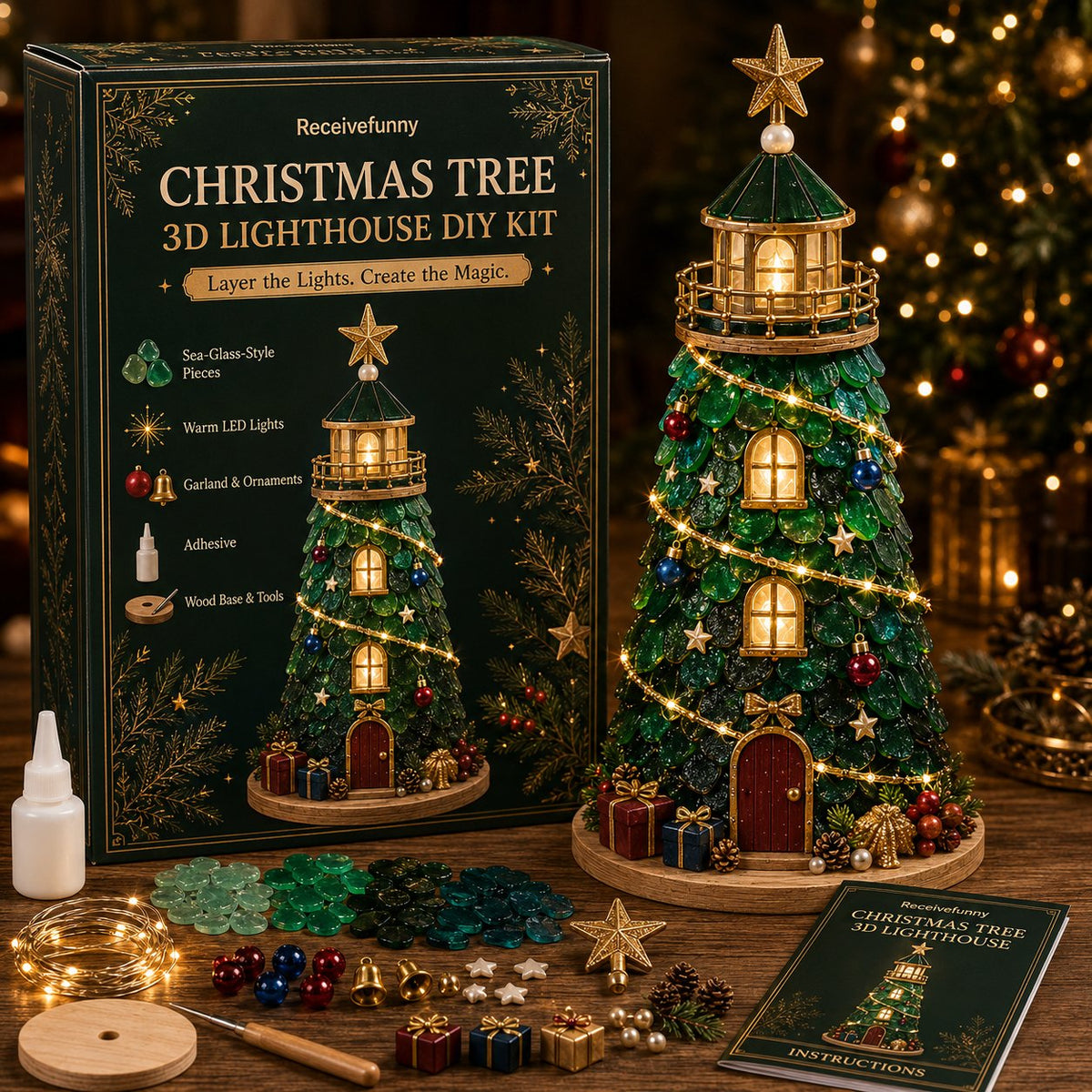 🎅 2026 Christmas Gift --🎄Handmade Sea Glass-Style Lighted Lighthouse Kit – Complete Holiday DIY Craft Gift💕