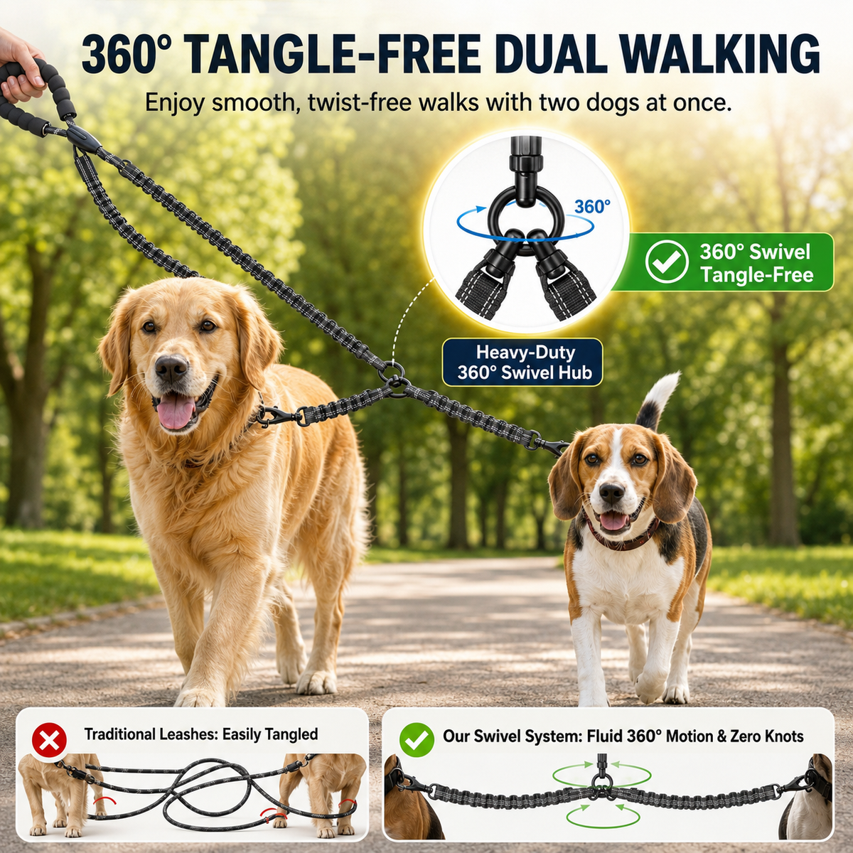 Dual Dog Leash No-Pull System – 360° Swivel Double Leash with Padded Comfort Handle