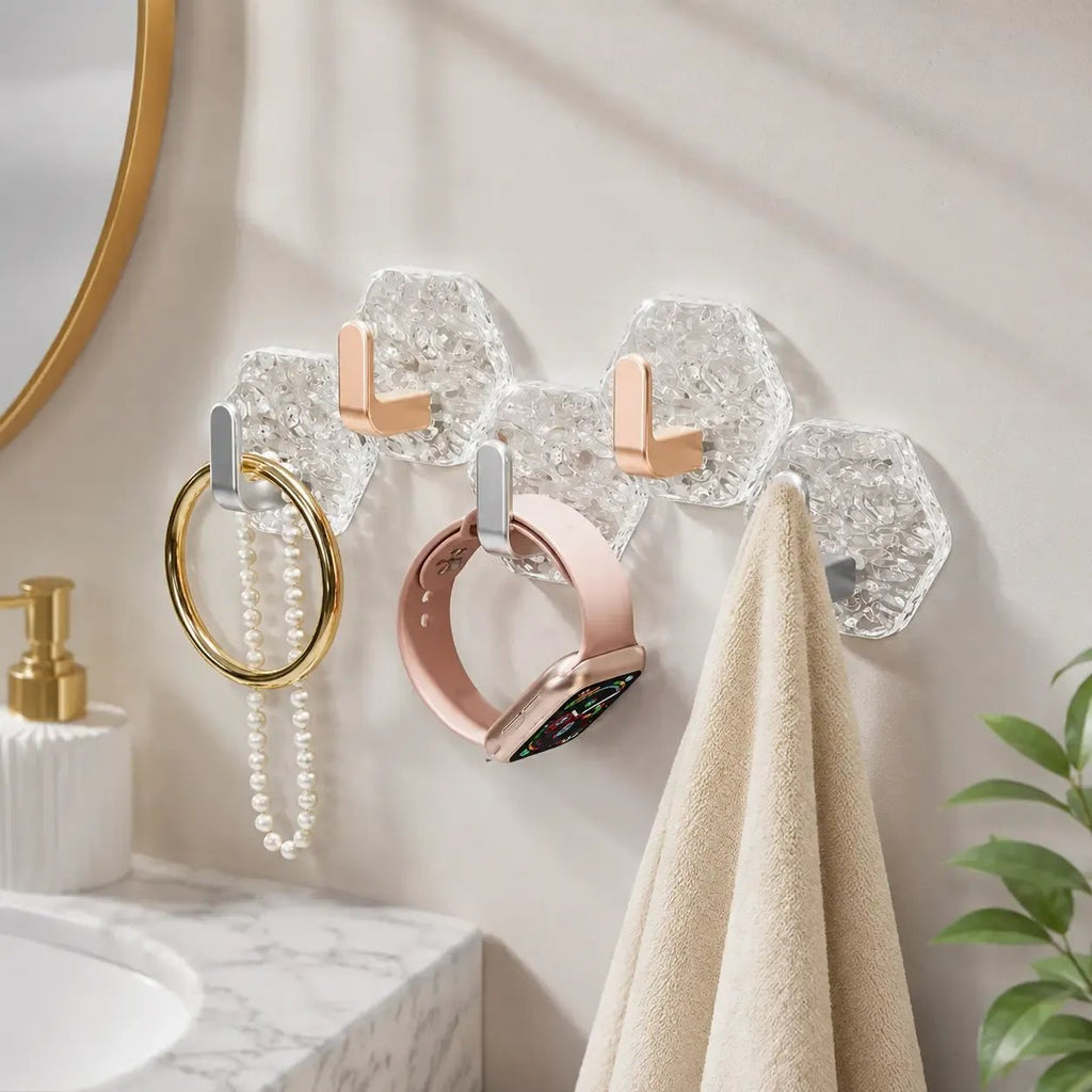 ⚡Self-Adhesive Hexagon Ripple Utility Hooks – Damage-Free Wall Organizers for Keys, Towels & Coats