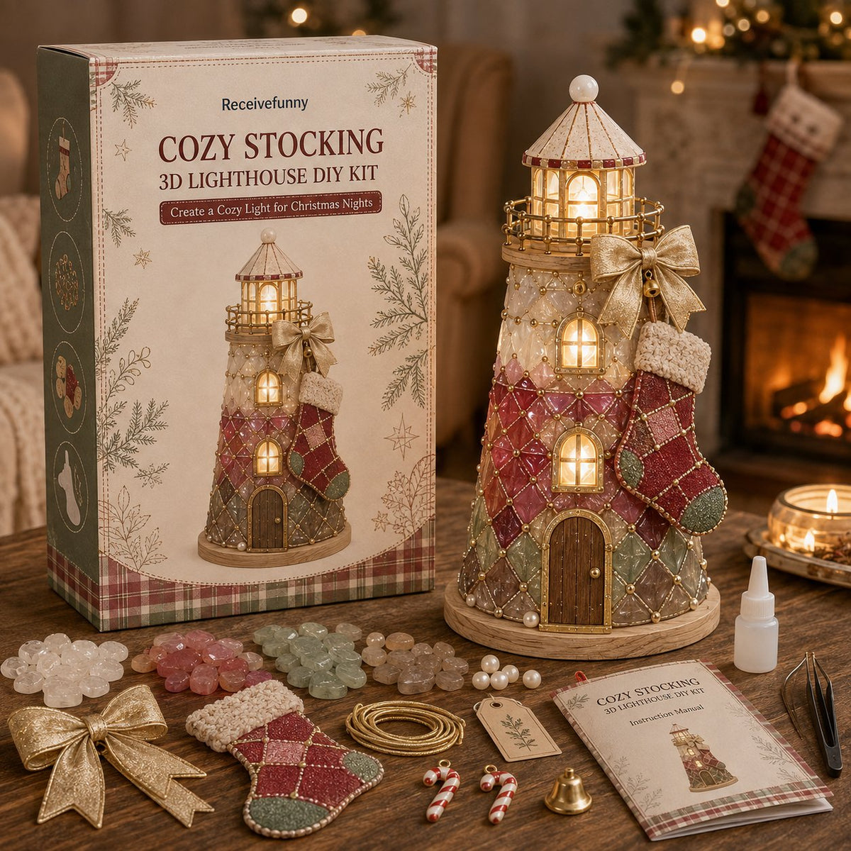 🎅 2026 Christmas Gift --🎄Handmade Sea Glass-Style Lighted Lighthouse Kit – Complete Holiday DIY Craft Gift💕