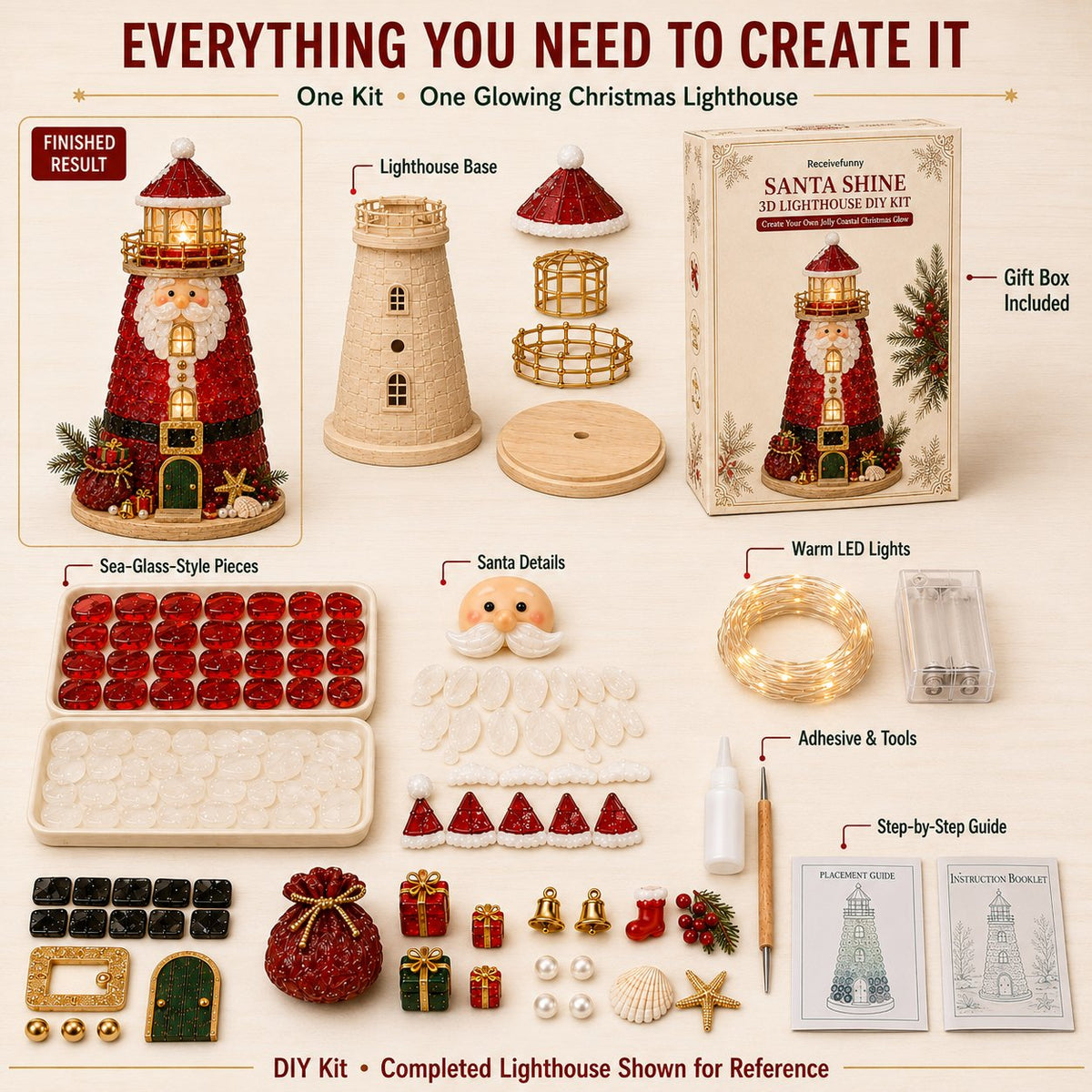 🎅 2026 Christmas Gift --🎄Handmade Sea Glass-Style Lighted Lighthouse Kit – Complete Holiday DIY Craft Gift💕