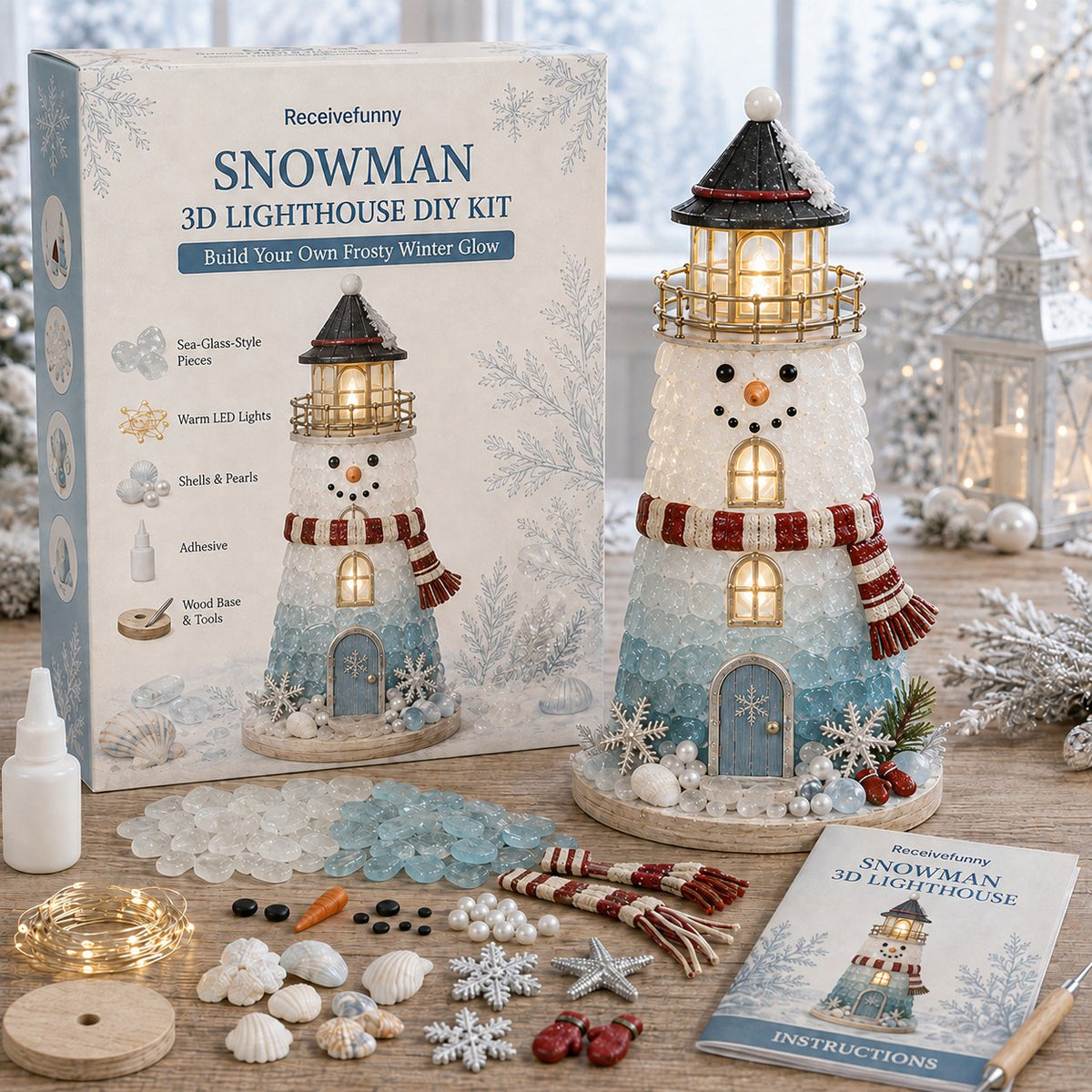 🎅 2026 Christmas Gift --🎄Handmade Sea Glass-Style Lighted Lighthouse Kit – Complete Holiday DIY Craft Gift💕