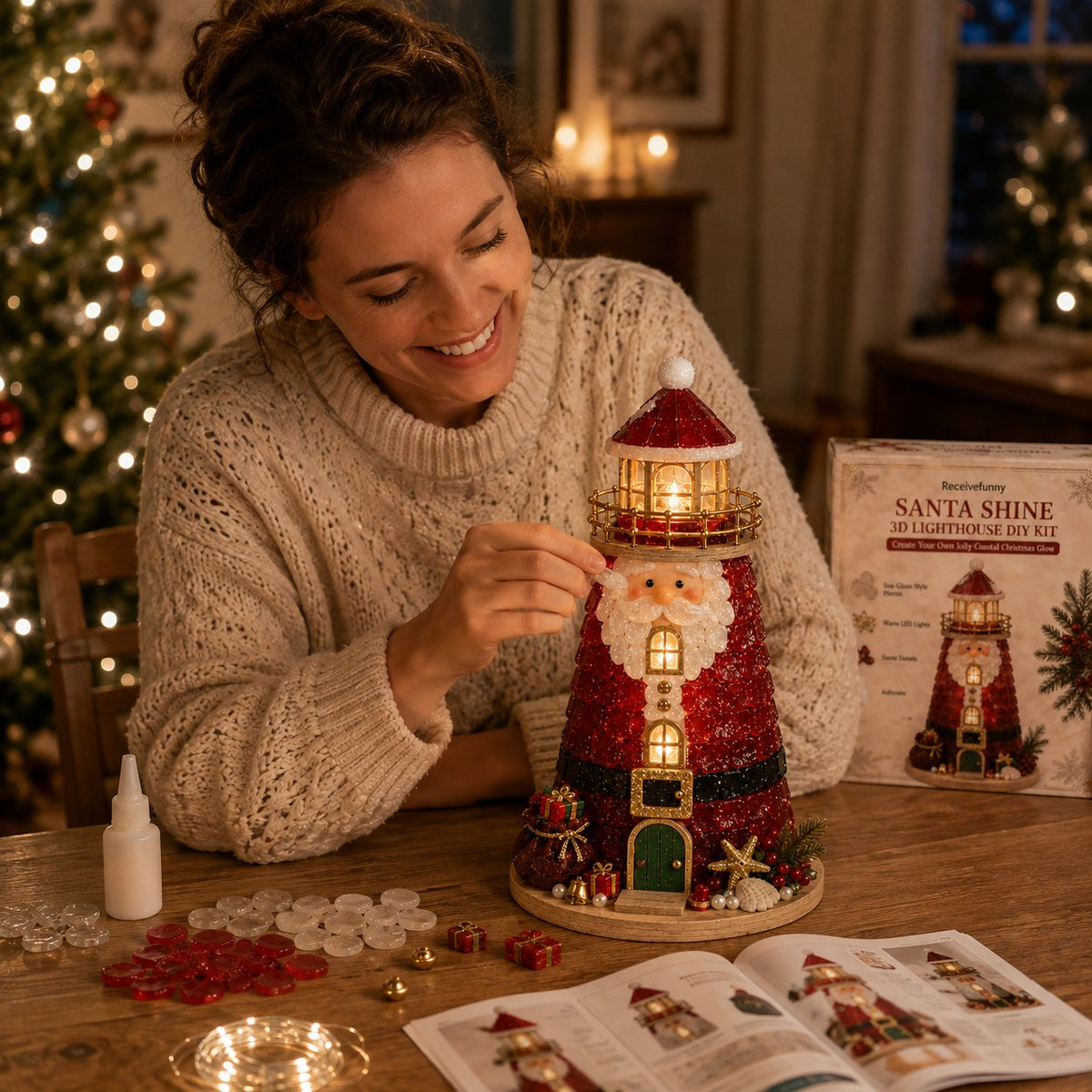 🎅 2026 Christmas Gift --🎄Handmade Sea Glass-Style Lighted Lighthouse Kit – Complete Holiday DIY Craft Gift💕